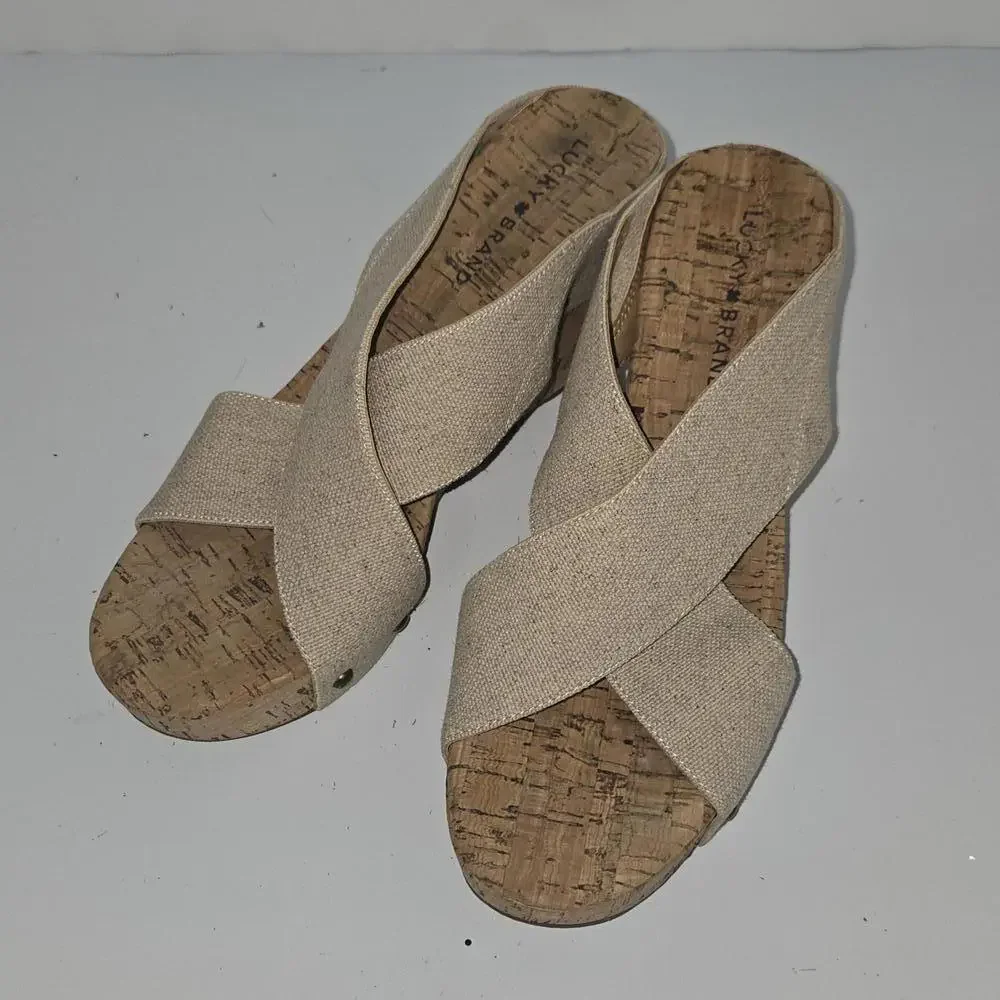 Lucky Brand Mykayla‎ Cork Wedge Sandals X Strap Beige Tan Platform Size 9.5M